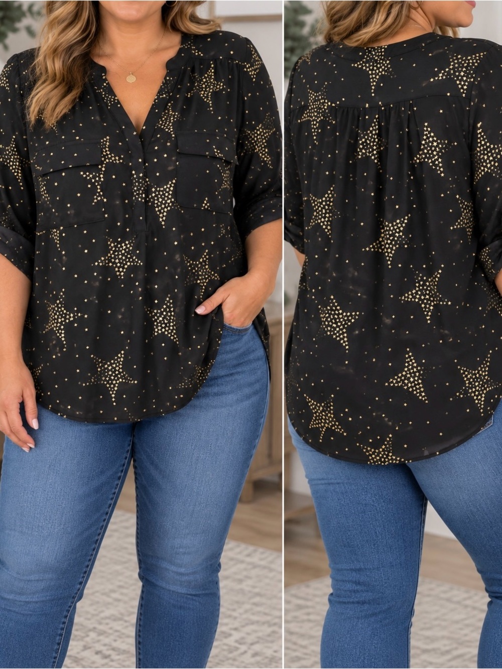Torrid Black Blouse with Metallic Gold Star Print- Size 0 (1X)